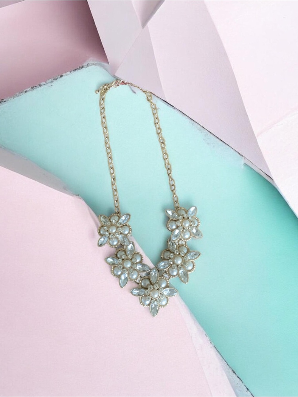 Gold Floral Pearl Cluster Necklace - White Pearlescent Flowers